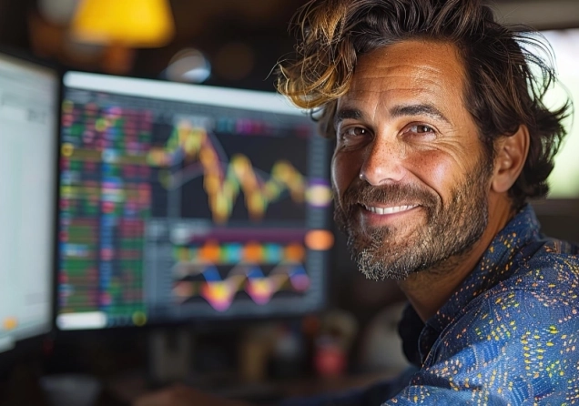 White trader working in an office, analyzing trading charts on a computer screen.